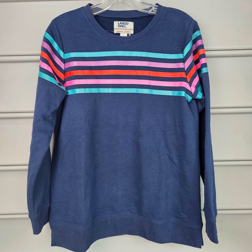 Lands End Serious Sweats Navy Striped Tunic Sweatshirt Womens Small 6-8